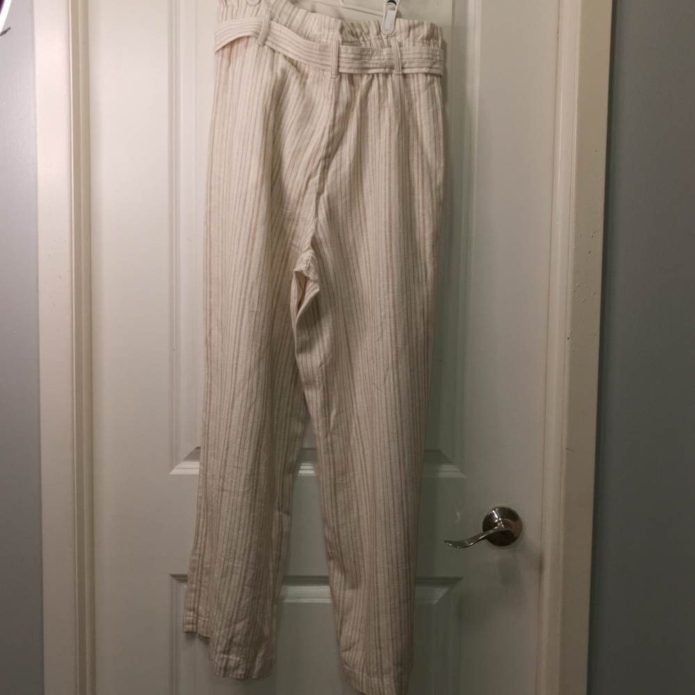 Paperbag Waist Striped Linen-Blend Womens pants. WIDE LEG - Picture 6 of 10